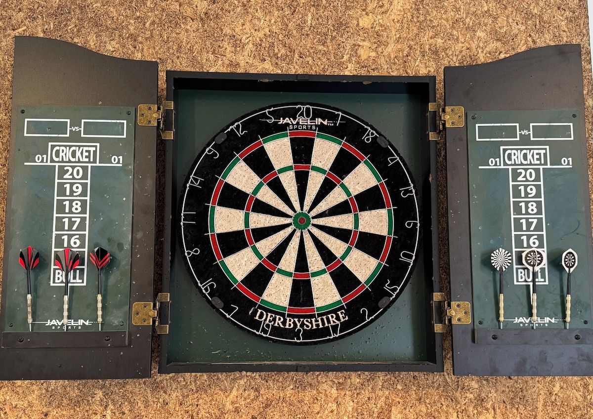 A dartboard with scores and two dartboards on either side.