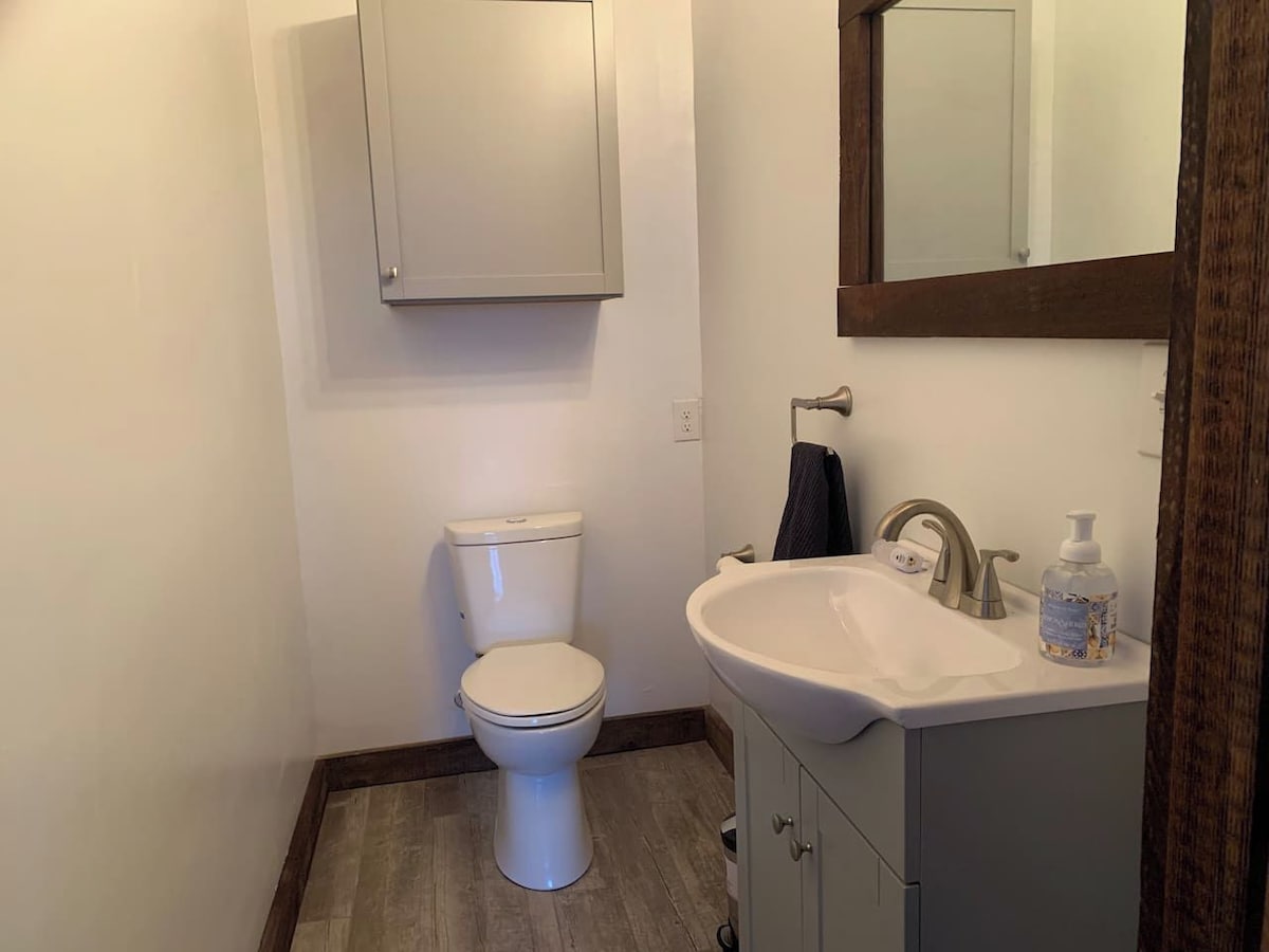 A bathroom with a toilet, sink, and mirror.